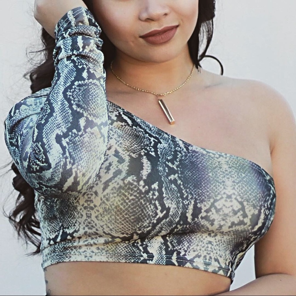 Snake print one shoulder crop top